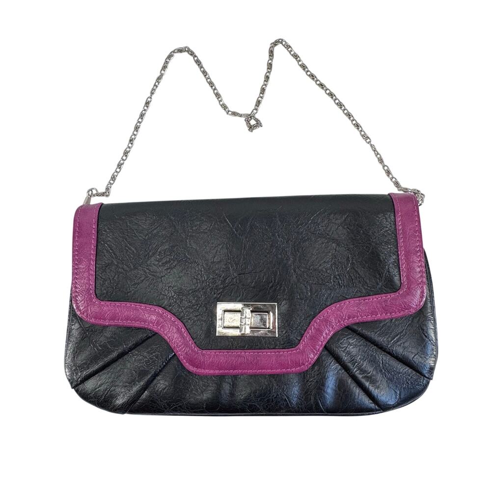 Vintage Black faux Leather Shoulder Bag Pink Trim Y2K Retro Baguette Purse - Picture 2 of 9